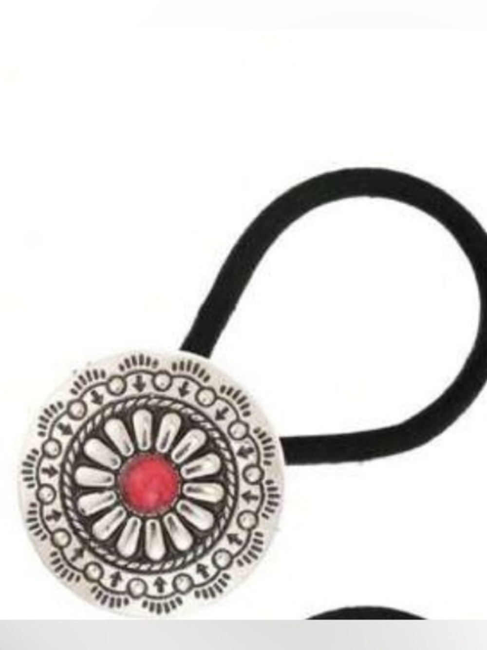 Hair Tie with Red Center & Silver-Tone Flower Medallion